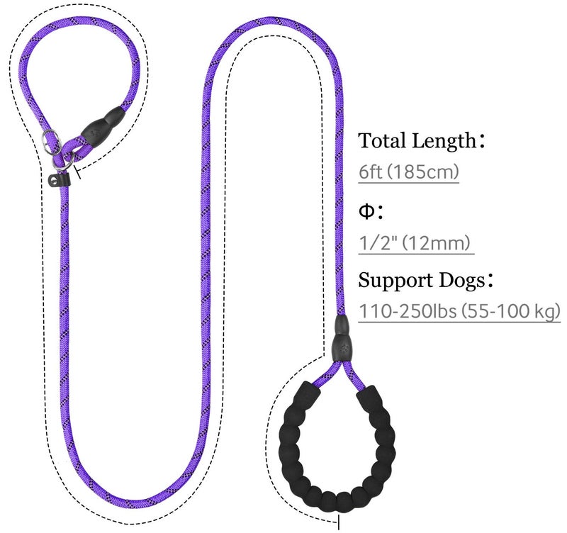 TagME Slip Leads for Dogs, 6 FT Heavy Duty Slip Leash with Padded Handle, Strong Rope No Pull Pet Training Leash for Large Dogs,Purple - Image 2